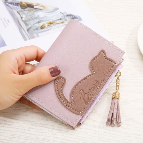 Mini Casual Small Short Purse Coin Bag Ladies Cute Cat Cartoon Tassel Leather Wallet Zipper Card Holder For Teenager Girls
