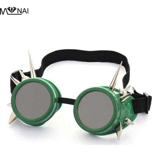 Drop Shipping Steampunk Green Goggles Spikes Rivet Eyewear Punk Vintage Glasses Welding Cosplay Gothic Accessories