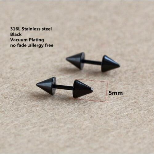 Titanium Stud Earrings Black Plated Screw-back 5mm Spike-shape 316 L Stainless Steel No Fade No Allergy