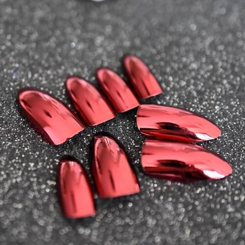 Mirror Sexy Red False Stilettos Nails Metal Plating Oval Stiletto Sharp Metallic Fake Nails Manicure Wear Nails Art Tips
