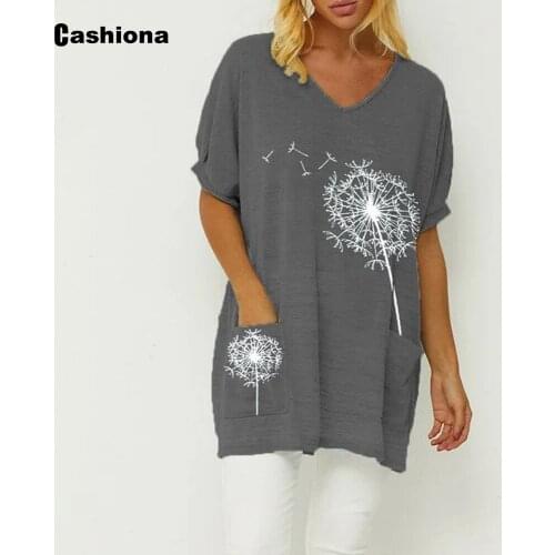 2020 Plus Size 4xl 5xl Womens Top V-neck Spliced Pockets Cotton Linen Flower Print Shirts Female Tops Summer Casual Tee Shirt