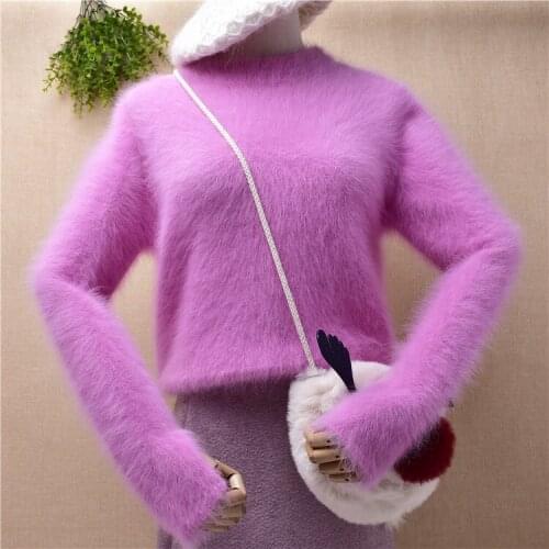Ladies women fashion hairy sweet pink 100% mink cashmere knitted long sleeve slim blouses angora rabbit fur jumper sweater pull