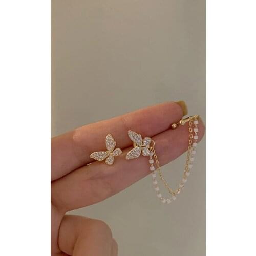 MENGJIQIAO Korean Elegant Cute Rhinestone Butterfly Stud Earrings For Women Girls Fashion Metal Chain Boucle D'oreille Jewelry