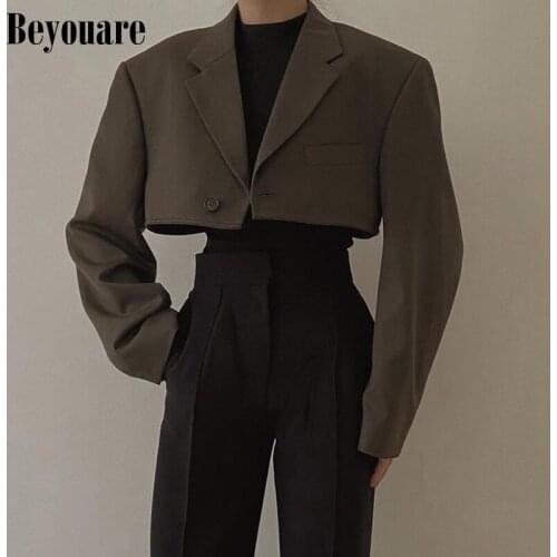 Beyouare Womens Blazer Coat Short Top Vintage Notched Collar Blazers Lady Office Work Suit 2021 Autumn Fashion Casual Chic Tops