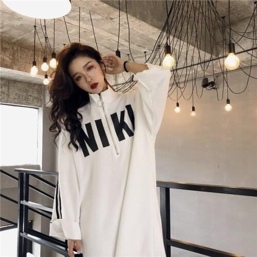 New autumn fashion women stand collar zipper patchwork letter print casual loose palazzo midi long sweatshirt dress