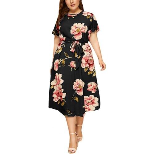 Plus Size Dresses Casual Short Sleeve Good Workmanship O Neck Short Sleeve Boho Women Dress for Work Flower Print Dress
