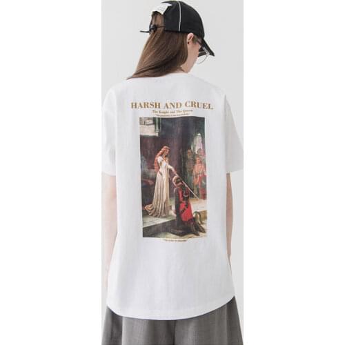 100% Cotton National Tide Queen And Knight Oil Painting Short-Sleeved Men And Women With Loose Tops Tee Street Style