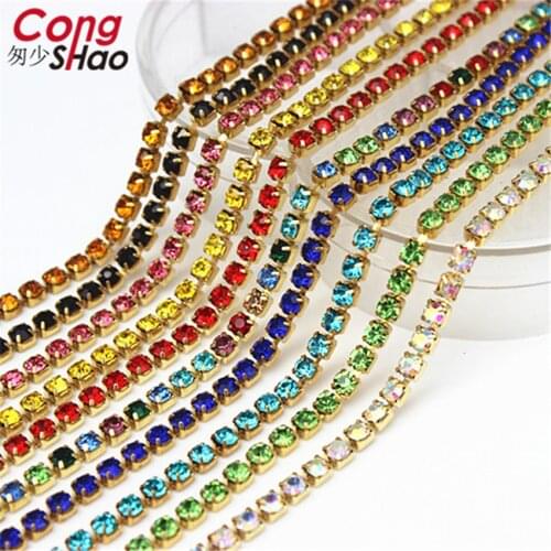 2mm 2.5mm 2.8mm 3mm 2Yard Colorful Sew on Crystal Rhinestone Cup Chain Gold Based Claw for Party Dinner Dress Accessories 8Y1200