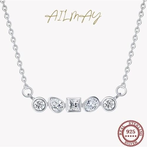 Ailmay 925 Sterling Silver Irregular Geometric Combination Pendant Necklace For Women Dazzling Clear CZ Fine Fashion Jewelry