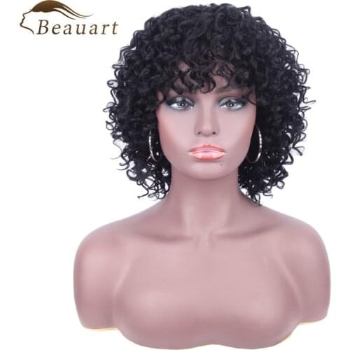 Beauart Afro Curly 100% Human Hair Full Wig 12"Short Natural Curls Wig With Hair Bangs For Black Women Bob Cut Machine Wigs