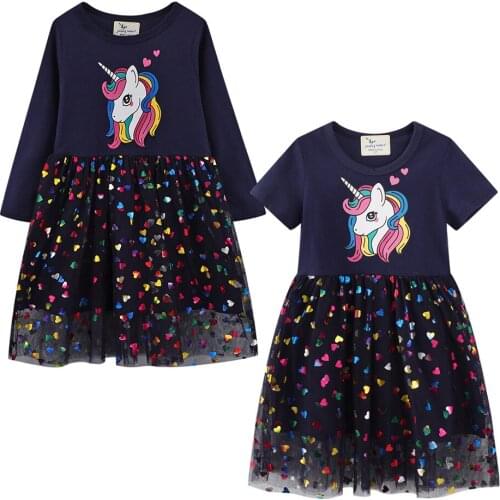 Girls Spring and Autumn Long Sleeve Cotton Unicorn Dress for Kids Black with Printed Hearts Children Mesh Cartoon Long Shirt