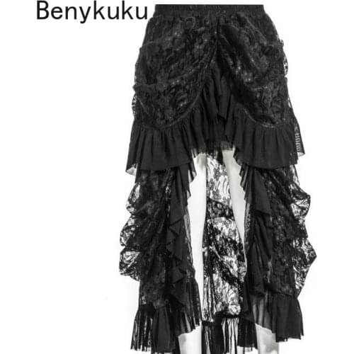 Gothic Steampunk Long Skirts Womens Lolita Medieval Victorian Vintage Ruffles Maxi Skirt Plus Size 5XL Black Shows Dance Costume