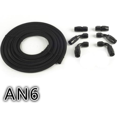 AN6 Oil Fuel Fittings Black Hose End Oil Adaptor Kit AN6 Nylon Braided Black Hose Oil Fuel Hose Line 3M