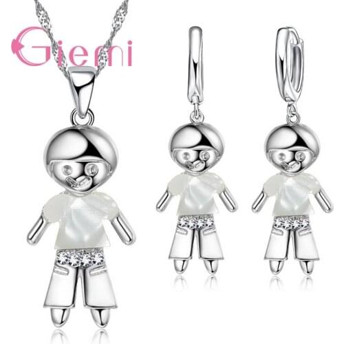 Hot Fashion Jewelry Set CZ 925 Sterling Silver Little Boy Pendant Necklace Earrings Set For Women Bijoux