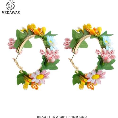 Vedawas Korean Lace Flower Hoop Earrings for Women Elegant Fresh Multicolored Floral Stud Earrings Wedding Jewelry Party Gifts
