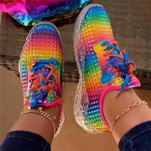 Women Sports Shoes Fashion Casual Rainbow Sneakers Comfortable Transparent Sole Flats Shoes Lace Up Outdoor Ladies Trainers