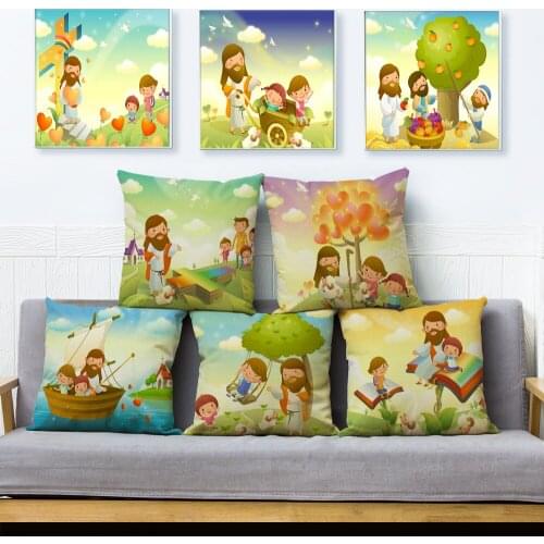 Cute Cartoon Christian Jesus Cushion Cover Sofa Home Decor Pillowcase 45*45cm Linen Pillow Covers Throw Pillows Cases