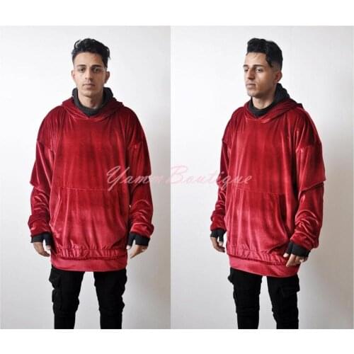 Mens 90s Premium Quality Sily Velour Velvet Vanta Dark Black Oversized Hoodie / Raw Edges Sweatshirt FOG Kanye Crew Neck