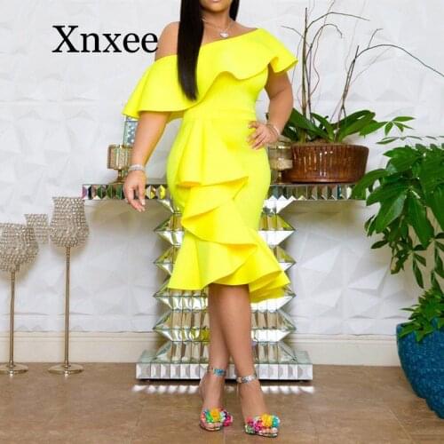 Summer Elegant Party Yellow Strapless Vintage Women Dresses Ruffles Red Off Shoulder Sexy Club Female Fashion Midi Dress