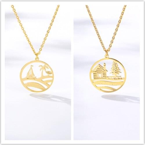 Goud Kleur Disc Coin Charm Kettingen Seaside Sea View Room Kettingen Voor Vrouwen Aarde Globetrotter Sieraden bff Geschenken