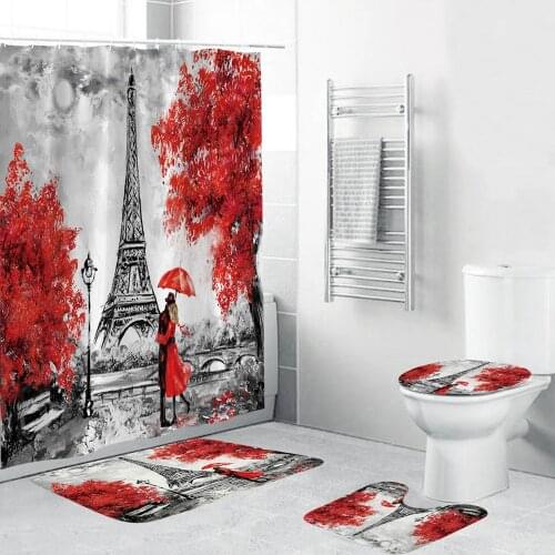 Retro Paris Tower Print Shower Bath Curtain Bathroom Accessories 4 Piece Set Soft High Quality Toilet Mat Pad Home Decor