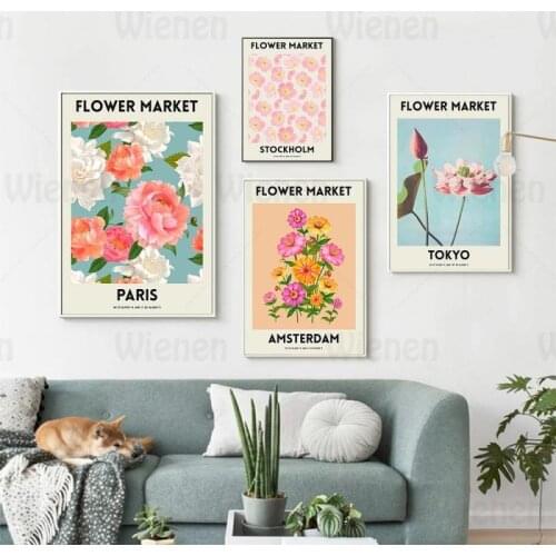 Nordic Poster Flower Market Illustration Art Canvas Painting Amsterdam Paris Stockholm Tokyo City Name Printing Modern Home Deco