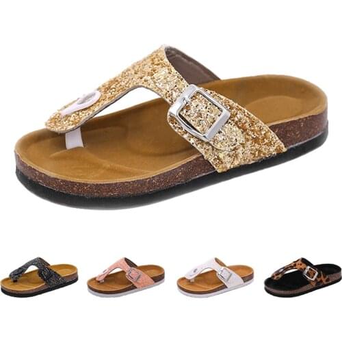 Summer Kids Slippers Fashion Comfortable Leopard Print Girls Flip Flops Bling Sequins Cork Slippers For Children Barefoot Shoes