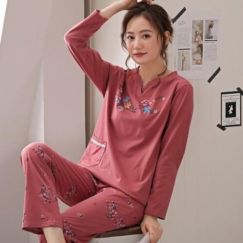 Spring Women Pajamas Floral Cotton Pyjamas Womens Long Sleeve Round Neck Homewear Loose Plus Size M-3XL Sleepwear Pyjama Femme