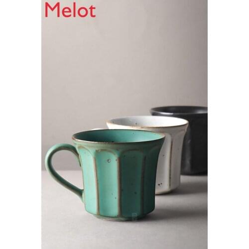 Handmade Coarse Pottery Coffee Cup Hand Punch Vintage Mug Internet Celebrity Vertical Pattern Personalized Cup Kiln Baked
