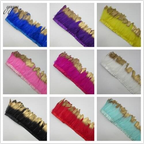 YOYUE 15-20cm Gold Goose Feather Trims Dyed Geese Feather Ribbons 10 Yards/Lot Fringes Goose Feather Cloth Belt DIY Decorative