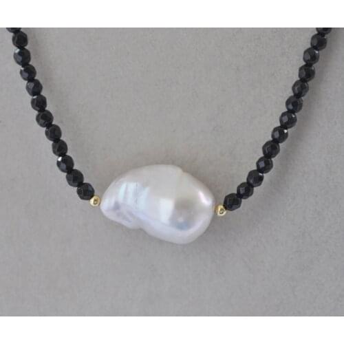Z10637 18" 25mm Drop Baroque White Black Lavender Keshi Pearl Black Faceted Agate Necklace