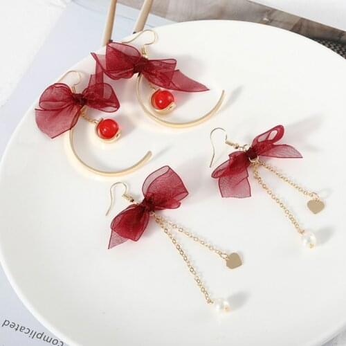 Fashion Jewelry Long Pendant Earrings Joker Elegant Earrings Pearl Tassel Earrings Temperament Red Lace Bow Female Earrings