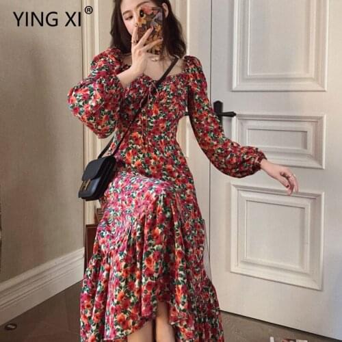 YING XI 2020 New Spring V-neck Long Sleeve Floral Mid Calf High Waist A Line Office Lady Women Dress