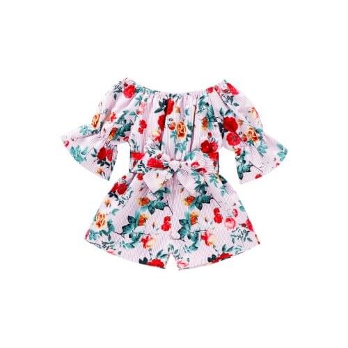 2020 Toddler Kids Baby Girl Summer Off Shoulder Flower Print Short Sleeve Romper Jumpsuit One-Piece Outfit Casual Clothes 6M-5T