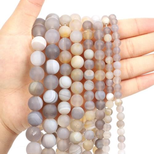 Natural Stone Beads Frosted Grey Striped Agate Loose Beads for Jewelry Making Needlework DIY Bracelet Strand 4-12 MM