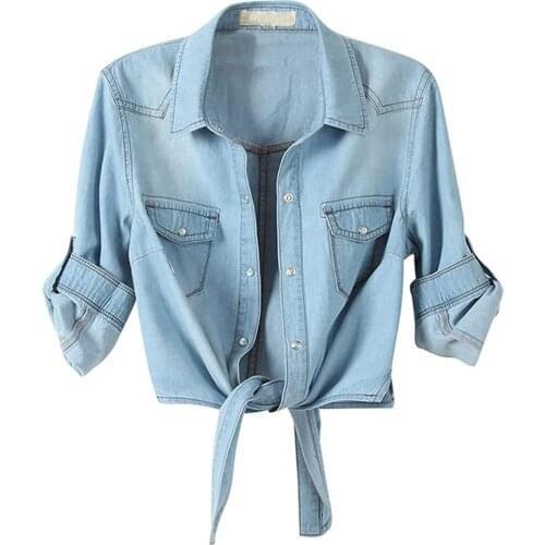 Denim Shirt Jacket Womens Casual Solid Color 3/4 Sleeve Button Down Crop Jean Top Ladies Casual Knot Tie Denim Shirt Jacket