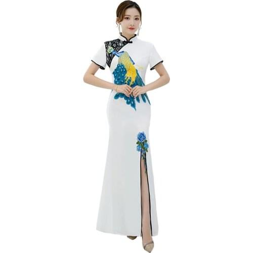 Shanghai Story chinese traditional dress Peacock Embroidery Long mermaid Qipao Short Sleeve Lace cheongsam dress Oriental Dress