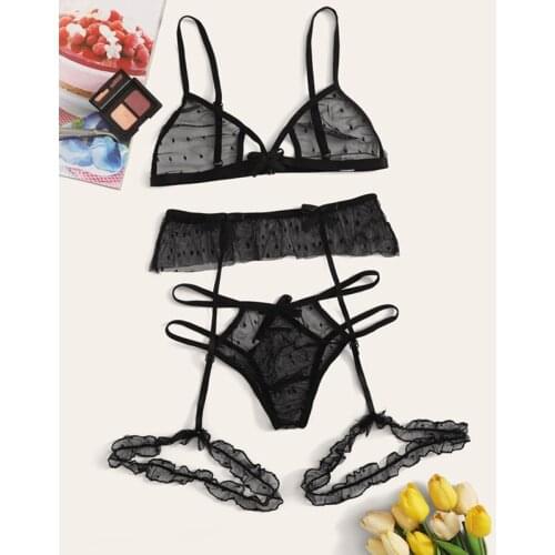 Polka Dot Women Lingerie Set Sheer Mesh Underwear Set Sexy Nightwear Perspective Lace Bra Panties Garter Set Lenceria Erotica