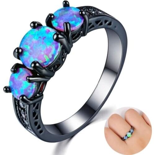 Fashion Cut 3 Round Blue Fire Opal Black Gold Ring Fashion Charm Wedding Party Ring For Female High Quality Vintage Jewelry