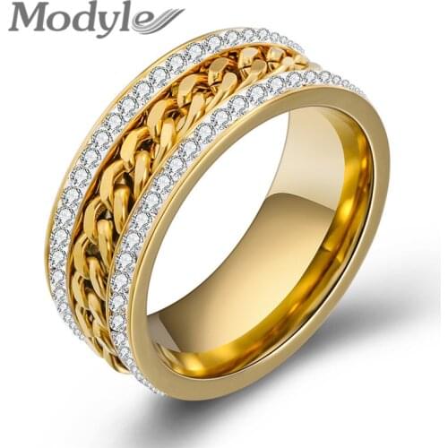 Modyle 2021 New Fashion Gold Color Spinner Rings for Men Women Stylish Crystal Chain Wedding Bands Ring Stainless Steel Jewelry