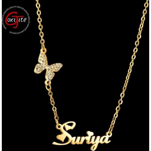 Goxijite 2020 Custom Name Zircon Necklace For Women Stainless Steel Butterfly Letter Nameplate Choker Necklaces Jewelry Gift