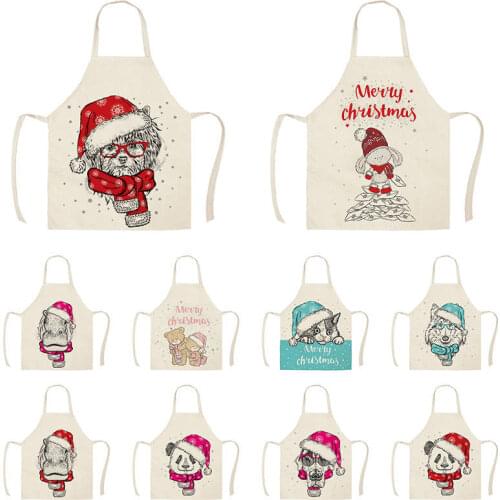 Christmas Animal Dog Panda Cotton Linen Kitchen Aprons for Women Bibs Household Cleaning Accessories Cooking Apron WQTX43