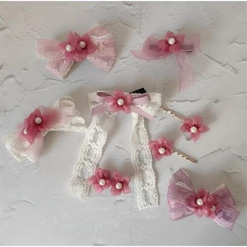 Handmade Pink Lolita Headwear Sweet Bowknot Lace Flower Hairpin Side Clip Headwear Props D608