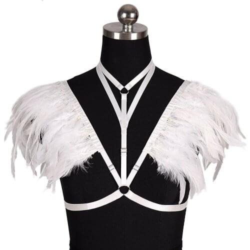 Sexy Lingerie Harness Bra Stockings Garter Goth Harness Fashion Bdsm Womens Underwear Natural Feather Body Belts Gothic Clothes