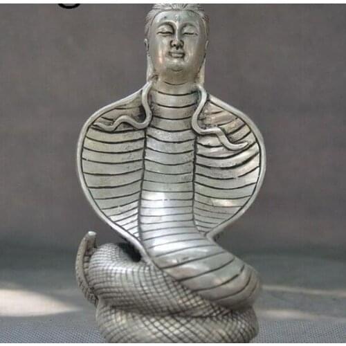 Collect Marked Old Tibet silver buddhism Kwan-yin Guan Yin snake buddha statue