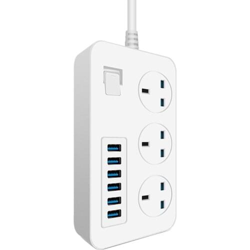 Power Strip With 3 Outlets 6 USB 5V 3A Ports 3000W 16A 6.5 Feet Extension Cord Surge Protector