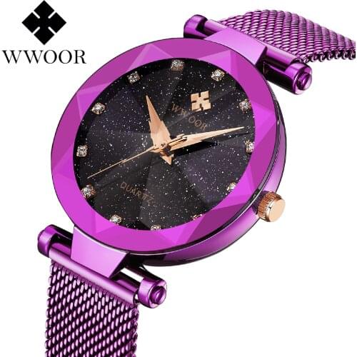 2019 New Style WWOOR Women Watches Luxury Brand lady Fashion Quartz Ladies Rhinestone Dress Watch purple Steel Mesh Band Clock