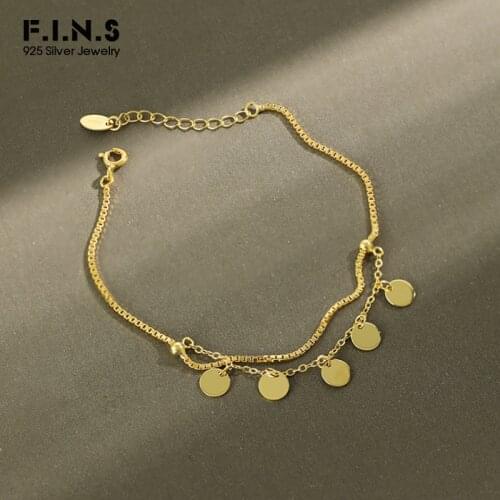 F.I.N.S Korean S925 Sterling Silver Bracelets for Women Layered Round Tassel Box Chain Charm Bracelet Female Silver 925 Jewelry