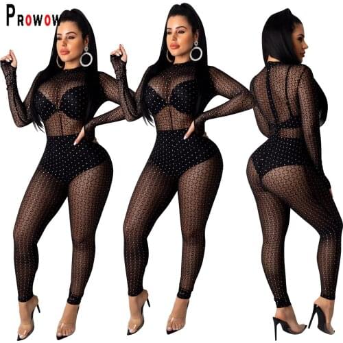 Prowow Sexy Womens Jumpsuit Transparent Mesh Skinny Bodycon Outfits 2021 New Black Color Long Sleeve Female Streetwear