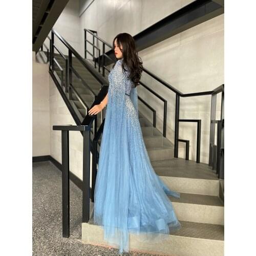 Blue Arabia Luxury Cape Sleeves Belt Beading Gowns -Line Fashion Ladies Evening Dresses Luxury Host Dress Partydress Prom